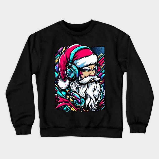 Santa Claus with headphones on his ears listening to music Crewneck Sweatshirt by T-Shirt Paradise